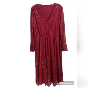 NWT BloomChic Burgundy midi dress with golden moon, sun and starburst designs